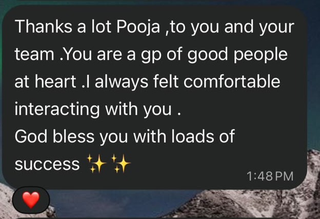WhatsApp message from Namrata Goyal thanking the Styora team