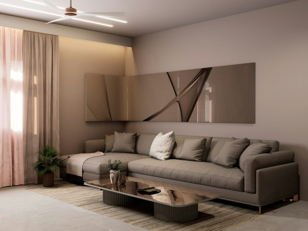 Indian living room in a greige and taupe colour combination with blush curtains and warm cove lighting