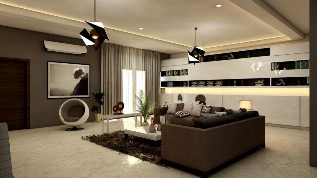 Warm cream and brown Indian hall with a dark brown accent wall and a black-framed artwork providing the dark note